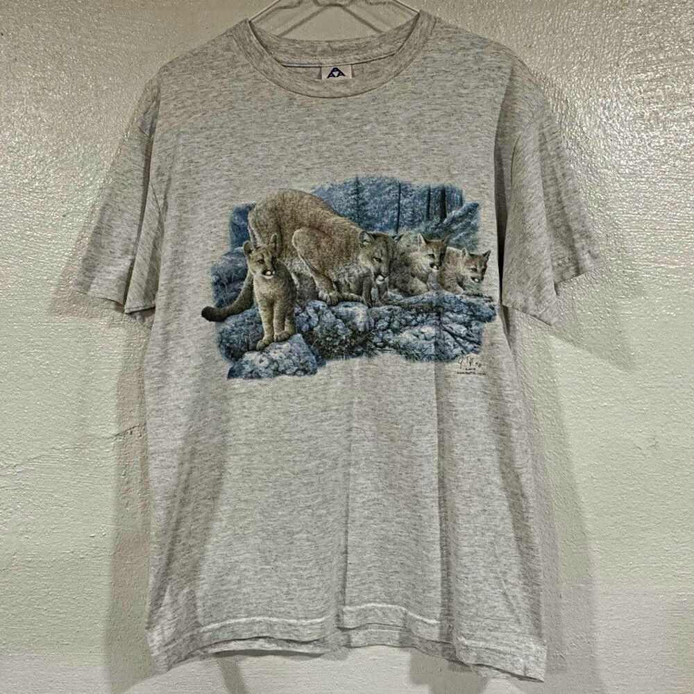 AAA Vintage 90s Men's Gray Cougar Graphic Crew Neck Short Sleeve T-Shirt Medium